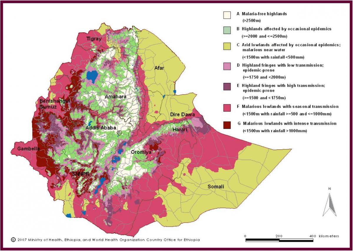 mapa Etiopije malariju