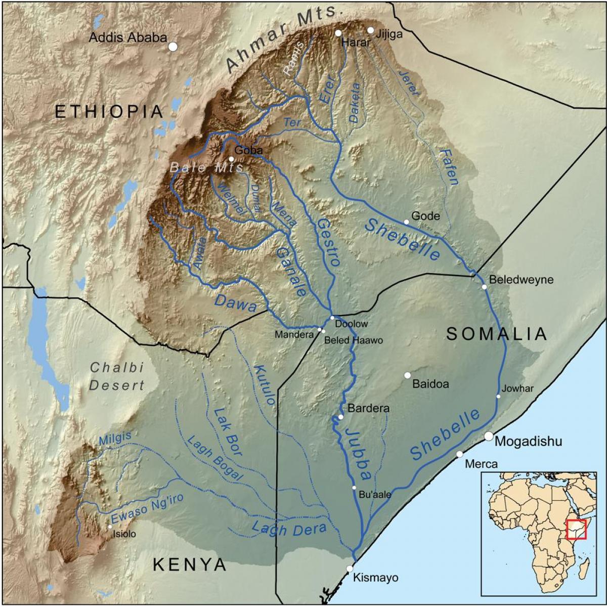 mapa Etiopski reke