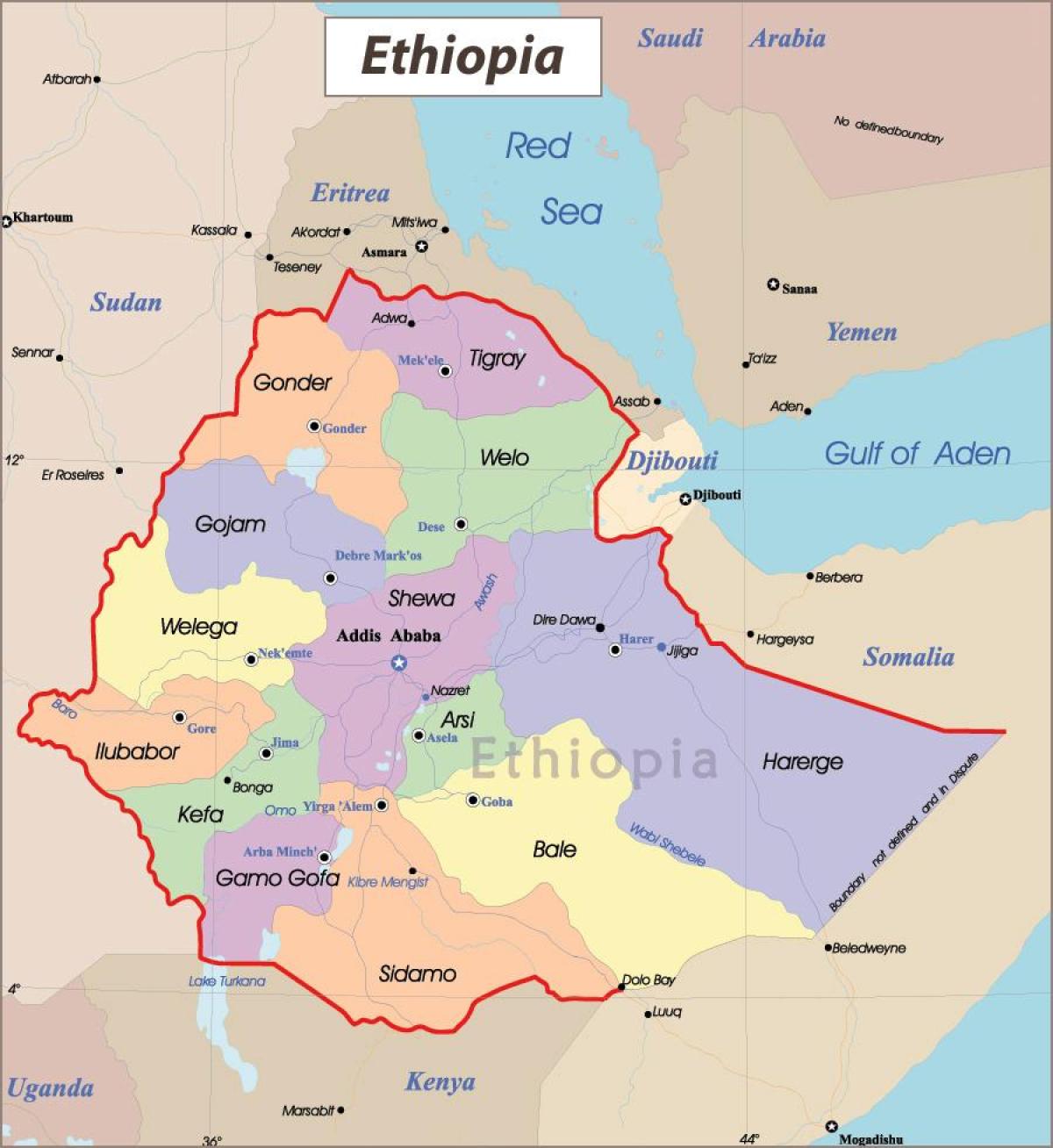 Etiopije mapa sa gradovima